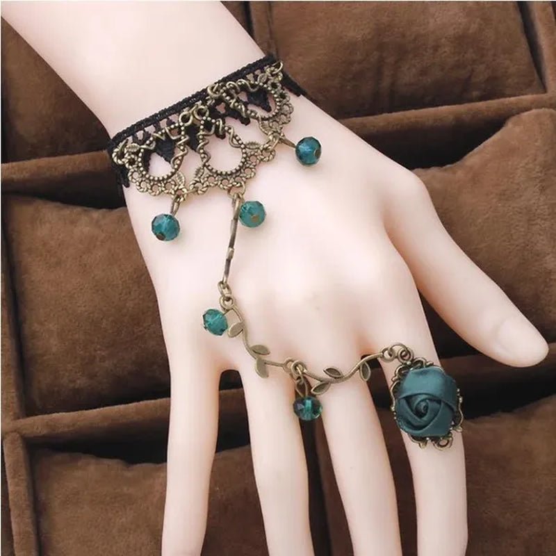Victorian Style Black Lace Floral Rose Flower Link Chain Slave Bracelet Ring Set Goth