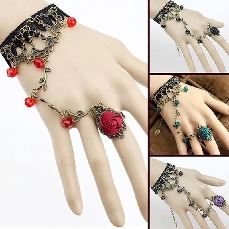 Victorian Style Black Lace Floral Rose Flower Link Chain Slave Bracelet Ring Set Goth - WORLD TIME VISITS