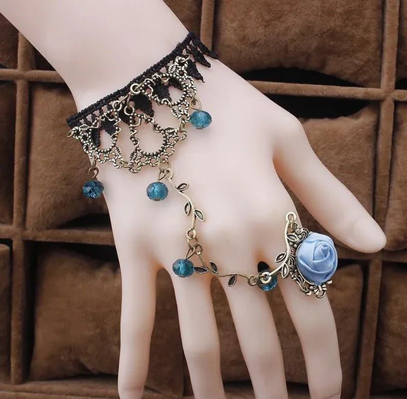 Victorian Style Black Lace Floral Rose Flower Link Chain Slave Bracelet Ring Set Goth
