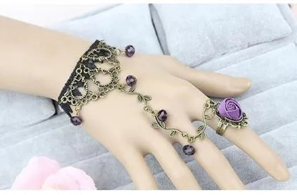 Victorian Style Black Lace Floral Rose Flower Link Chain Slave Bracelet Ring Set Goth