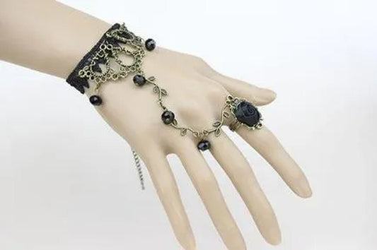 Victorian Style Black Lace Floral Rose Flower Link Chain Slave Bracelet Ring Set Goth - WORLD TIME VISITS