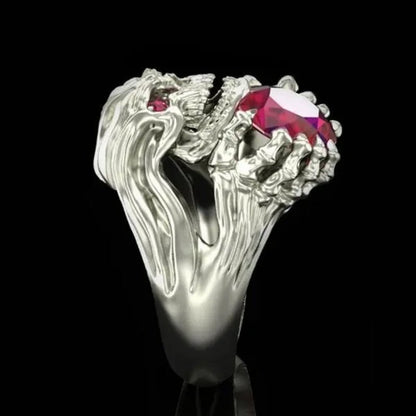Vintage 925 Silver Ring Punk Ring Skull Red Gem Ring Fashion Domineering Man Ring Size US 6-13