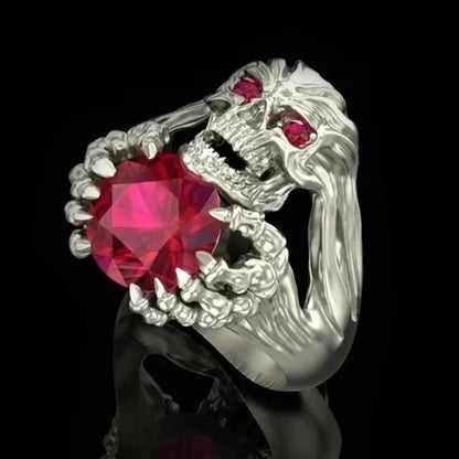 Vintage 925 Silver Ring Punk Ring Skull Red Gem Ring Fashion Domineering Man Ring Size US 6-13