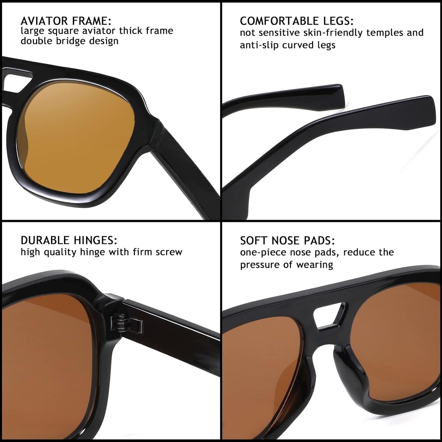 Vintage Aviator Sunglasses Double Bridge Women Men Large Square Thick Frame Trendy Eyewear UV400 B2846