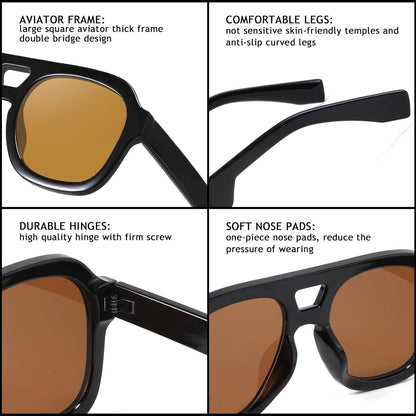 Vintage Aviator Sunglasses Double Bridge Women Men Large Square Thick Frame Trendy Eyewear UV400 B2846