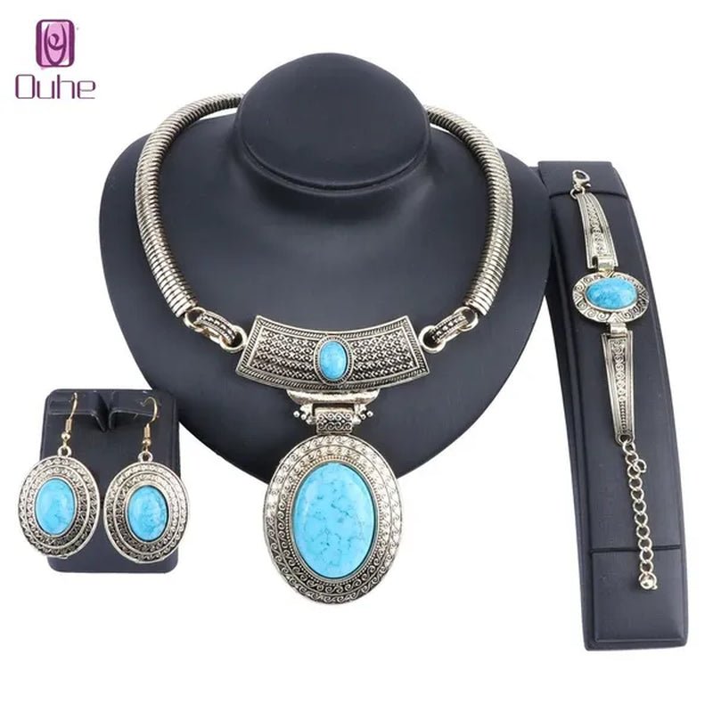 Vintage Dubai Retro Gold Big Turquoise Jewelry Sets Nigerian Wedding Costume Necklace Bracelet Earring Party gift - WORLD TIME VISITS