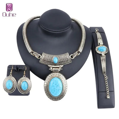 Vintage Dubai Retro Gold Big Turquoise Jewelry Sets Nigerian Wedding Costume Necklace Bracelet Earring Party gift - WORLD TIME VISITS