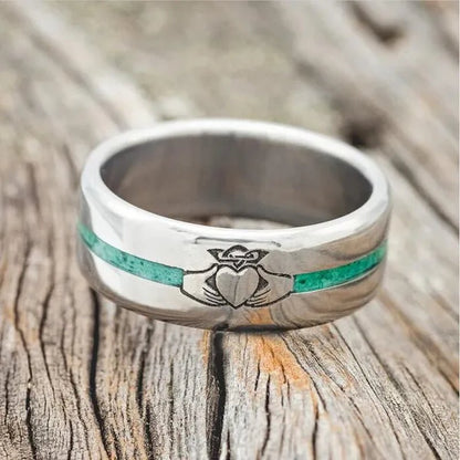 Vintage Hand In Hand Ring Men's Fashion Stainless Steel Titanium Claddagh Engraved Malachite Inlay Friendship Ring Anniversary Gift Wedding Engagement Band Jewelry Rings Size 6 - 13 - WORLD TIME VISITS