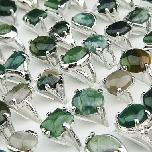 Vintage Hot Selling Mix Style 10pcs Natural Green Stones Tourmaline Fashion Silver Rings for Womens Mens Wholesale Jewelry Lots - WORLD TIME VISITS