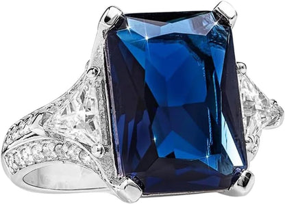 Vintage Ladies 925 Sterling Silver Inlaid Sapphire Diamond Rings Square Zircon Ring Womens Shiny Blue Gemstone Engagement Wedding Promise Band Coktail Ring ST.140 - WORLD TIME VISITS