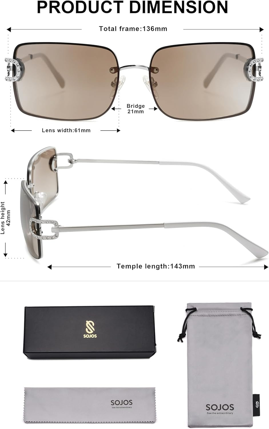 Vintage Rectangle Sunglasses for Women,Trendy Rimless 90S UV400 Womens Y2K Shades SJ1178