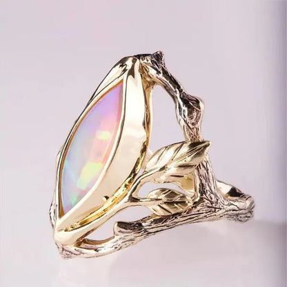 Vintage Style Women's Antique Silver Twig And Leaf Opal Ring Anniversary Gift Engagement Bridal Wedding Jewelry Rings Size 5 - 10 - WORLD TIME VISITS