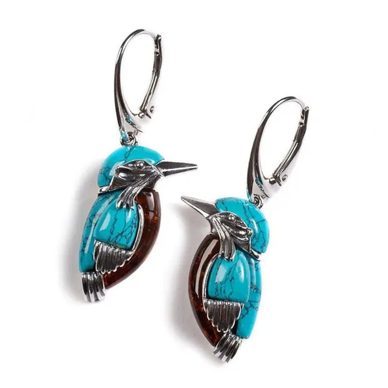 Vintage Women's Exquisite 925 Sterling Silver Hook Dangle Turquoise Amber Hummingbird Bird Earrings Engagement Wedding Earrings Birthday Anniversary Gift Jewelry