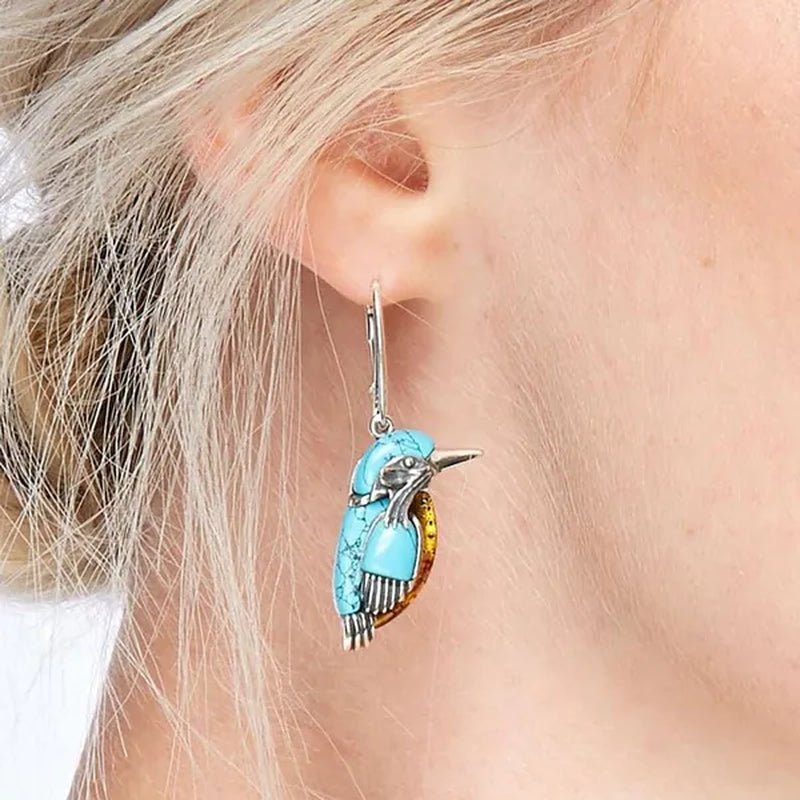 Vintage Women's Exquisite 925 Sterling Silver Hook Dangle Turquoise Amber Hummingbird Bird Earrings Engagement Wedding Earrings Birthday Anniversary Gift Jewelry