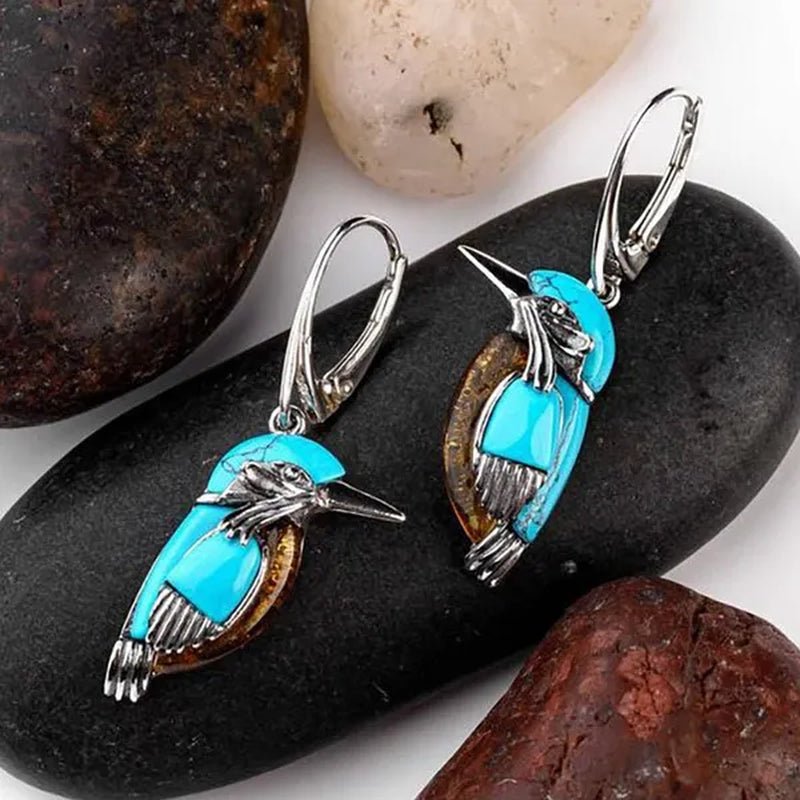 Vintage Women's Exquisite 925 Sterling Silver Hook Dangle Turquoise Amber Hummingbird Bird Earrings Engagement Wedding Earrings Birthday Anniversary Gift Jewelry - WORLD TIME VISITS