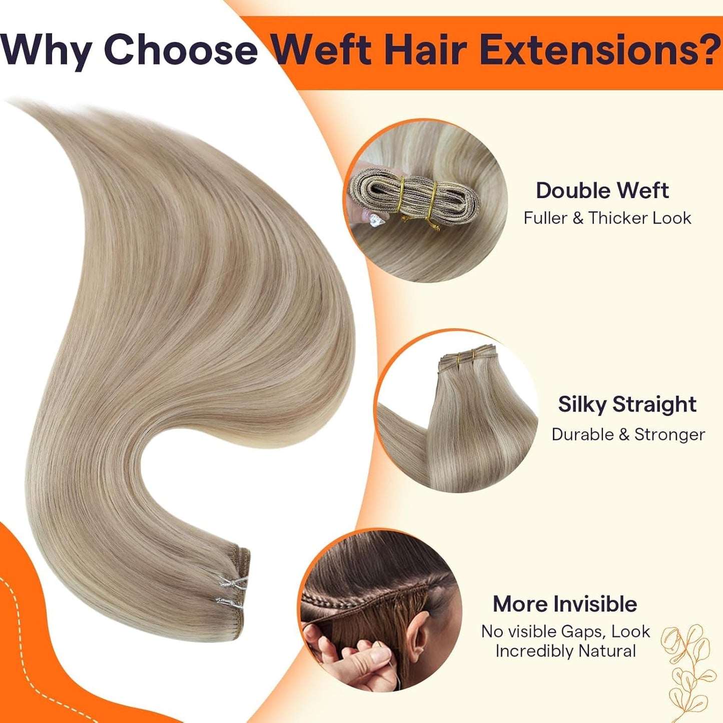 Weft Hair Extensions Ash Blonde Hair Wefts Human Hair Sew in Blonde Highlight Human Hair Weft Extensions Full Ends Double Weft Remy Hair Extensions 20 Inch 105G 18/613 - WORLD TIME VISITS