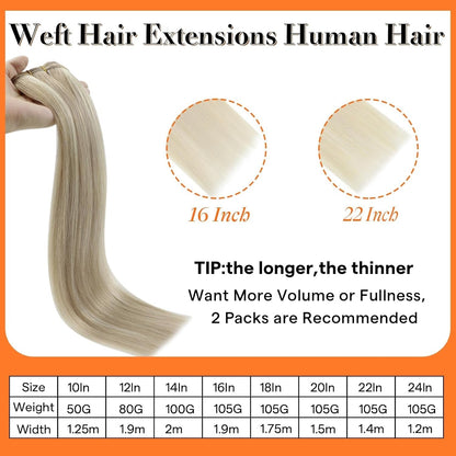 Weft Hair Extensions Ash Blonde Hair Wefts Human Hair Sew in Blonde Highlight Human Hair Weft Extensions Full Ends Double Weft Remy Hair Extensions 20 Inch 105G 18/613 - WORLD TIME VISITS