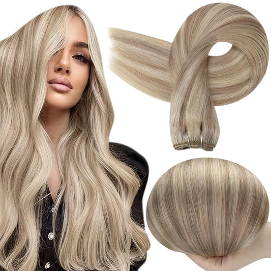 Weft Hair Extensions Ash Blonde Hair Wefts Human Hair Sew in Blonde Highlight Human Hair Weft Extensions Full Ends Double Weft Remy Hair Extensions 20 Inch 105G 18/613 - WORLD TIME VISITS