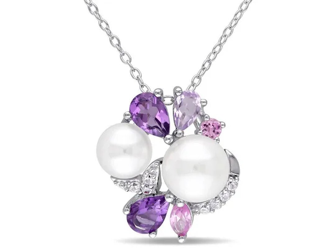 White Freshwater Cultured Pearl, Amethyst, Created Pink, White Sapphire Cluster Pendant Necklace Sterling Silver