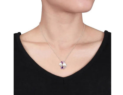 White Freshwater Cultured Pearl, Amethyst, Created Pink, White Sapphire Cluster Pendant Necklace Sterling Silver