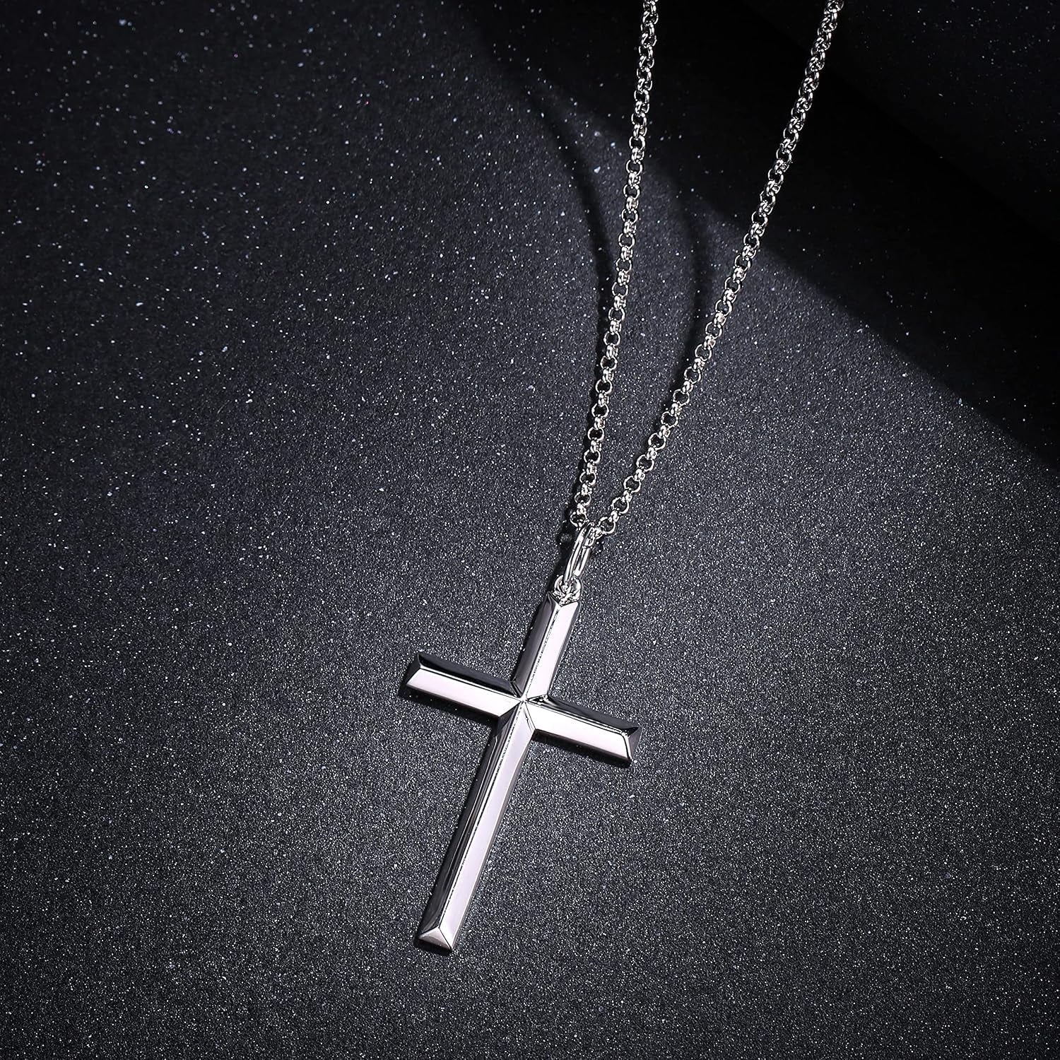 White Gold Plated 925 Solid Sterling Silver High Polished Heavy - Duty Cross Crucifix Pendant Necklace Fine Jewelry Gifts for Him Men Father, Rolo Chain Length 24 INCH/ 60CM - WORLD TIME VISITS