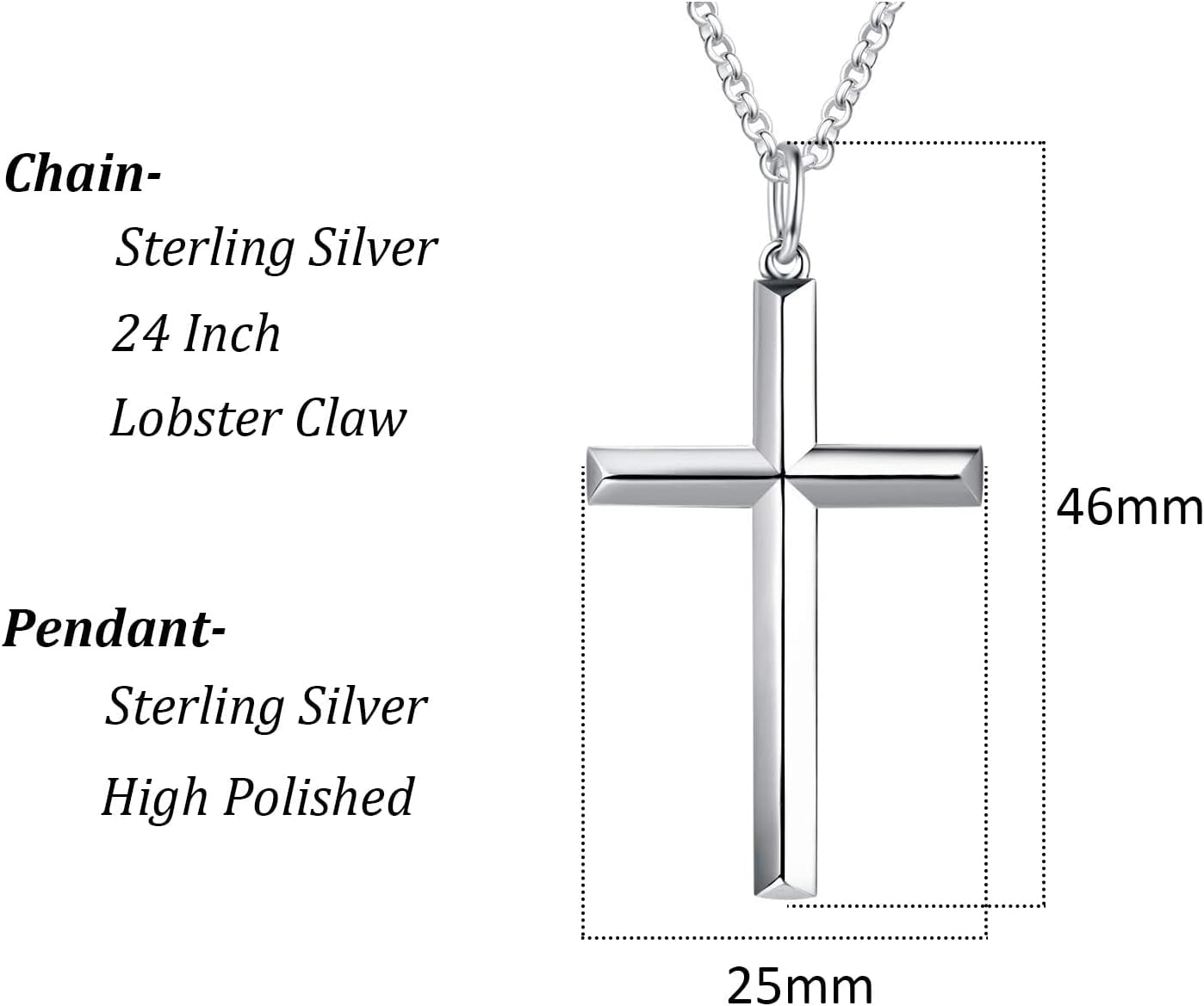 White Gold Plated 925 Solid Sterling Silver High Polished Heavy-Duty Cross Crucifix Pendant Necklace Fine Jewelry Gifts for Him Men Father, Rolo Chain Length 24 INCH/ 60CM