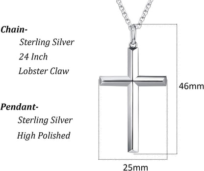 White Gold Plated 925 Solid Sterling Silver High Polished Heavy-Duty Cross Crucifix Pendant Necklace Fine Jewelry Gifts for Him Men Father, Rolo Chain Length 24 INCH/ 60CM