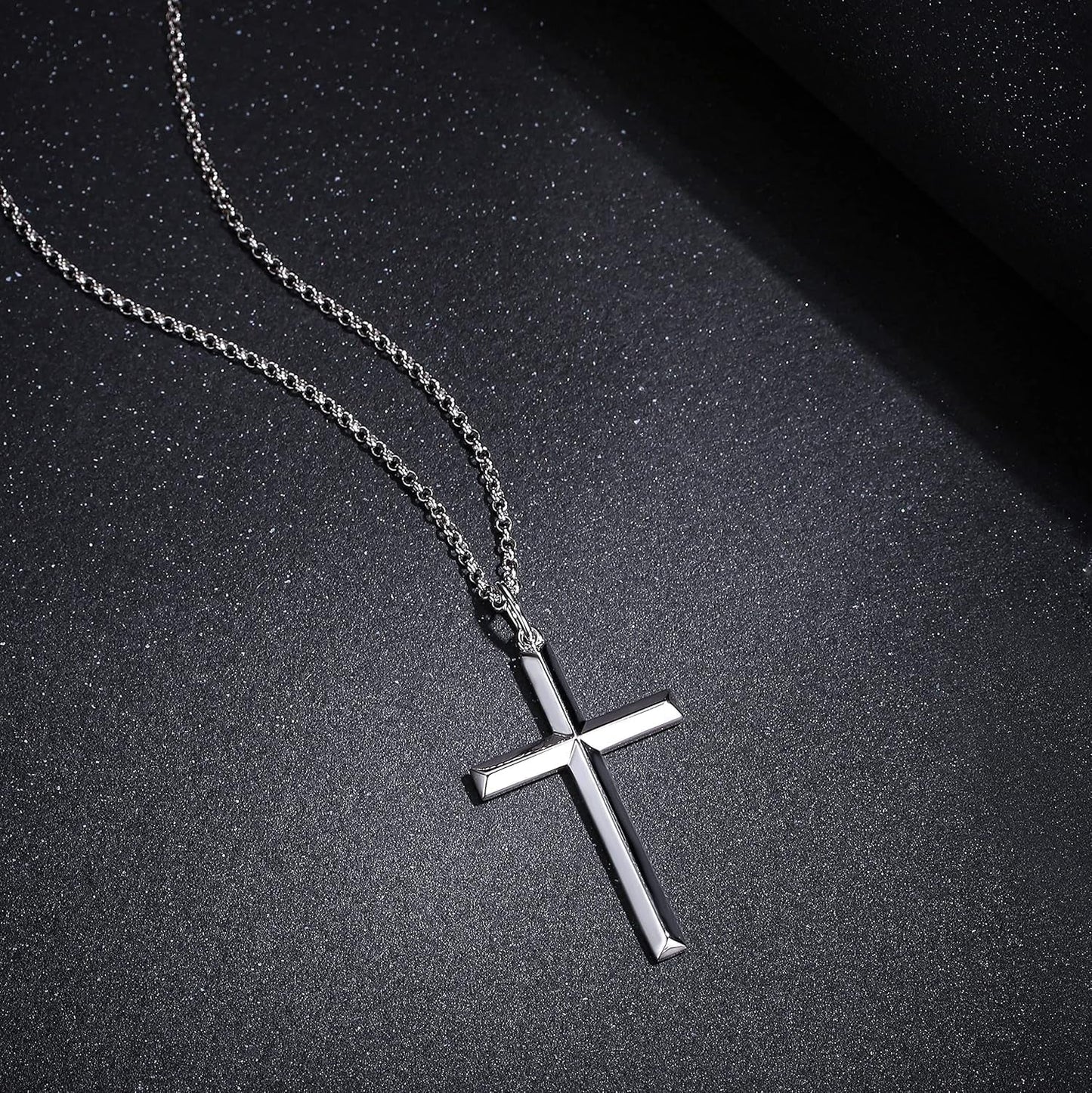 White Gold Plated 925 Solid Sterling Silver High Polished Heavy-Duty Cross Crucifix Pendant Necklace Fine Jewelry Gifts for Him Men Father, Rolo Chain Length 24 INCH/ 60CM