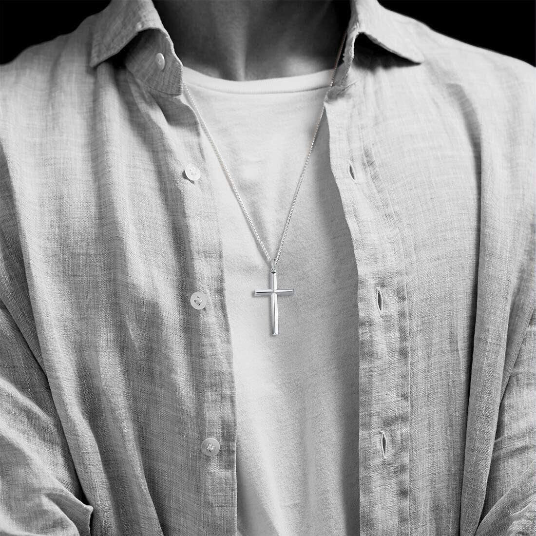 White Gold Plated 925 Solid Sterling Silver High Polished Heavy-Duty Cross Crucifix Pendant Necklace Fine Jewelry Gifts for Him Men Father, Rolo Chain Length 24 INCH/ 60CM