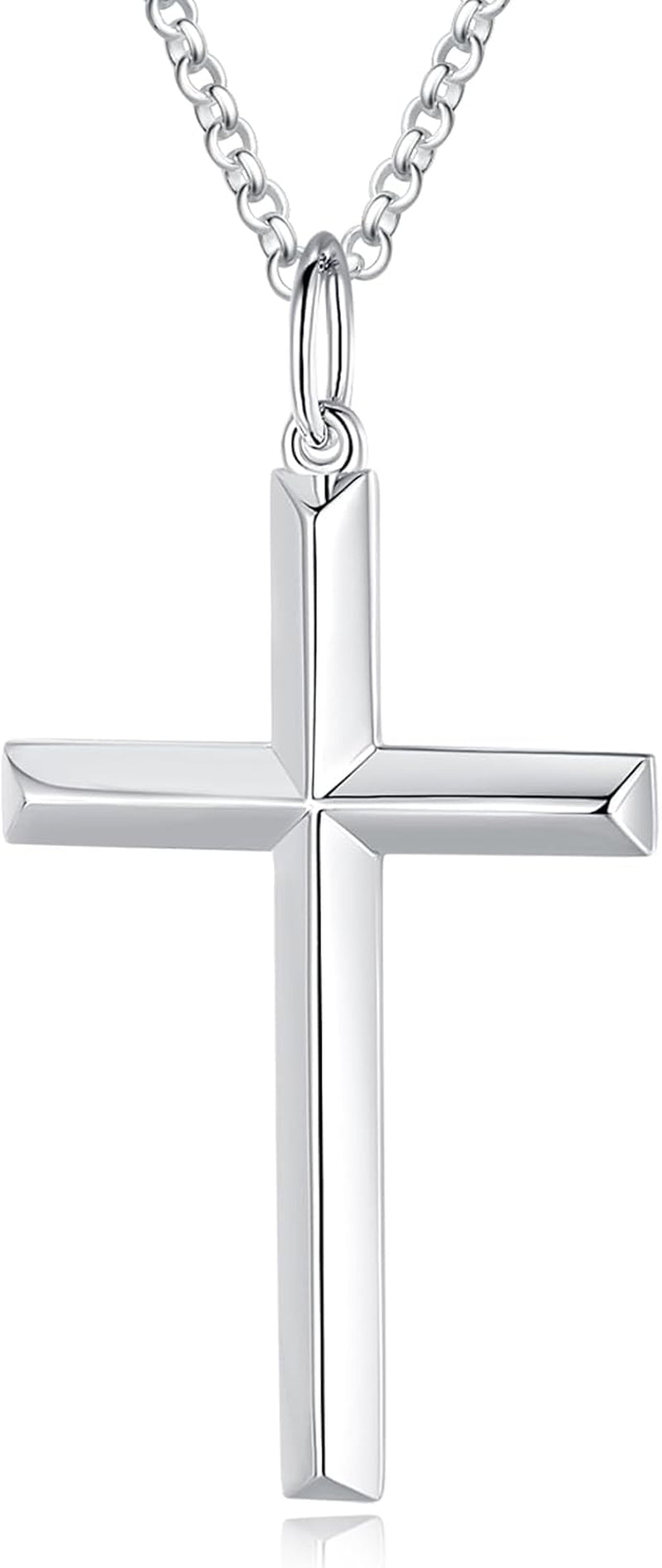 White Gold Plated 925 Solid Sterling Silver High Polished Heavy - Duty Cross Crucifix Pendant Necklace Fine Jewelry Gifts for Him Men Father, Rolo Chain Length 24 INCH/ 60CM - WORLD TIME VISITS