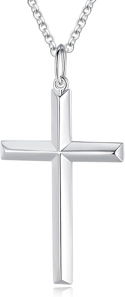 White Gold Plated 925 Solid Sterling Silver High Polished Heavy - Duty Cross Crucifix Pendant Necklace Fine Jewelry Gifts for Him Men Father, Rolo Chain Length 24 INCH/ 60CM - WORLD TIME VISITS