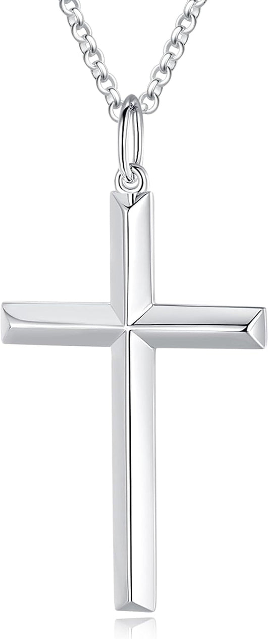 White Gold Plated 925 Solid Sterling Silver High Polished Heavy - Duty Cross Crucifix Pendant Necklace Fine Jewelry Gifts for Him Men Father, Rolo Chain Length 24 INCH/ 60CM - WORLD TIME VISITS