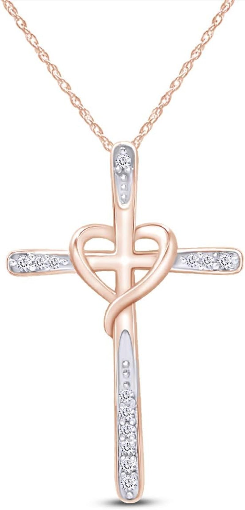 White Natural Diamond Cross Heart Pendant in 10K Solid Gold (1/20 Cttw) - WORLD TIME VISITS