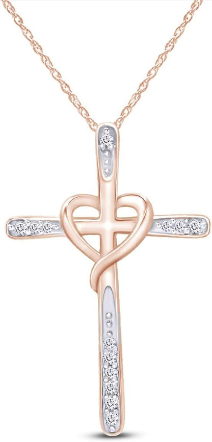 White Natural Diamond Cross Heart Pendant in 10K Solid Gold (1/20 Cttw) - WORLD TIME VISITS