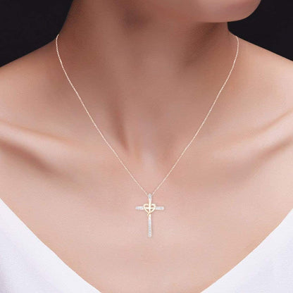 White Natural Diamond Cross Heart Pendant in 10K Solid Gold (1/20 Cttw)
