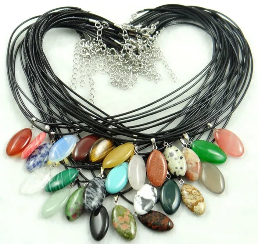 Wholesale Natural Stone Crystal Quartz Opal Snowflake Obsidian Horse Eye Pendant Leather Chains Necklace Women Fashion Jewelry 20PCs - WORLD TIME VISITS