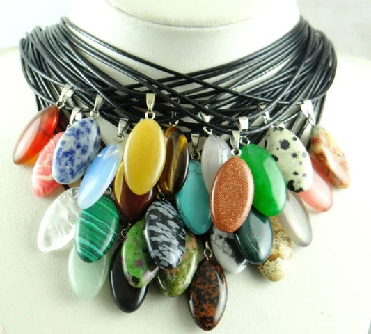 Wholesale Natural Stone Crystal Quartz Opal Snowflake Obsidian Horse Eye Pendant Leather Chains Necklace Women Fashion Jewelry 20PCs - WORLD TIME VISITS