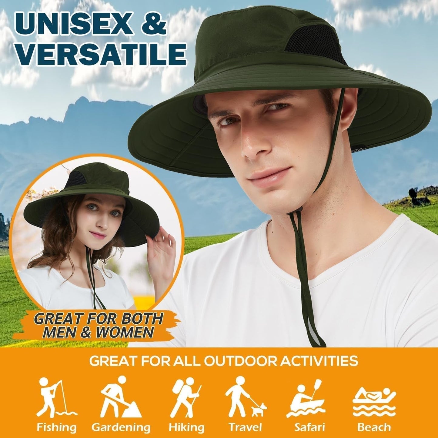 Wide Brim Sun Hat, UPF 50+ UV Protection Waterproof Packable Bucket Hat for Men & Women, Fishing Hiking Beach Garden - WORLD TIME VISITS