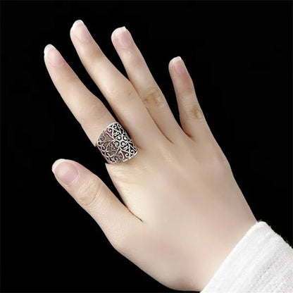 Wide Face Hollow Flower Vintage Open Ring 925 Pure Silver Carving Women'S Ring Size Adjustable Opening