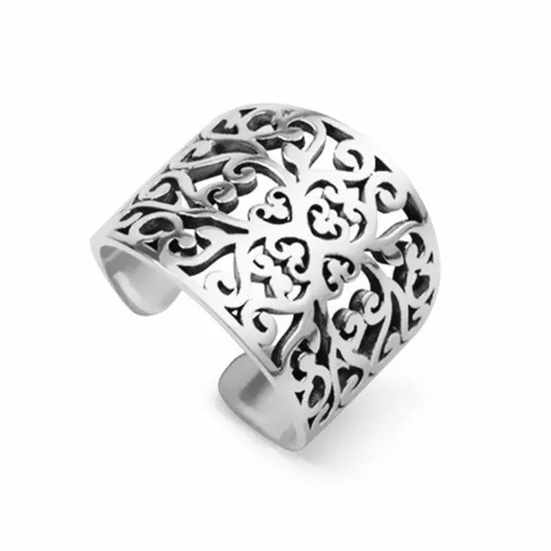 Wide Face Hollow Flower Vintage Open Ring 925 Pure Silver Carving Women'S Ring Size Adjustable Opening