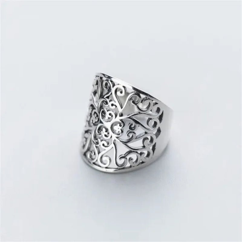 Wide Face Hollow Flower Vintage Open Ring 925 Pure Silver Carving Women'S Ring Size Adjustable Opening