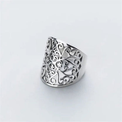 Wide Face Hollow Flower Vintage Open Ring 925 Pure Silver Carving Women'S Ring Size Adjustable Opening