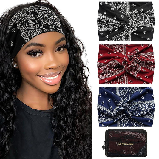 Wide Headbands for Women, Large Hairband, Elastic Non - Slip Headband Twist Knotted Accessories, Yoga Workout Vintage Hair 3 Pack - WORLD TIME VISITS