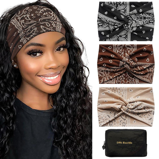 Wide Headbands for Women, Large Hairband, Elastic Non - Slip Headband Twist Knotted Accessories, Yoga Workout Vintage Hair 3 Pack (Colour - 10) - WORLD TIME VISITS