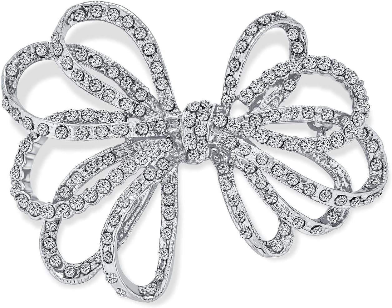 Winter Holiday Blue White Glittering Crystal Bridal Fashion Large Statement Ribbon Scarf Bow Brooch Pin for Women Rose Gold or Silver Plated - WORLD TIME VISITS