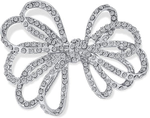 Winter Holiday Blue White Glittering Crystal Bridal Fashion Large Statement Ribbon Scarf Bow Brooch Pin for Women Rose Gold or Silver Plated