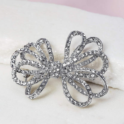 Winter Holiday Blue White Glittering Crystal Bridal Fashion Large Statement Ribbon Scarf Bow Brooch Pin for Women Rose Gold or Silver Plated