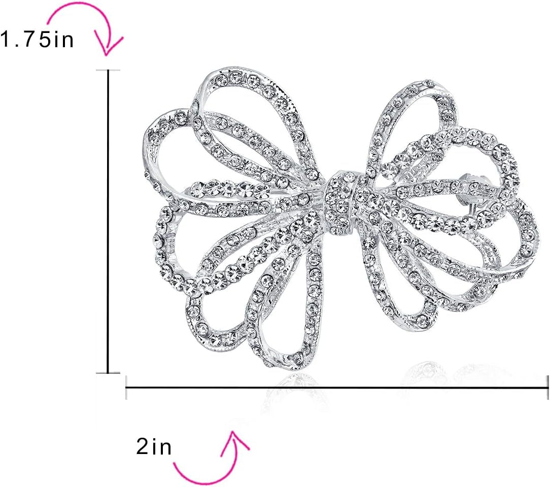 Winter Holiday Blue White Glittering Crystal Bridal Fashion Large Statement Ribbon Scarf Bow Brooch Pin for Women Rose Gold or Silver Plated
