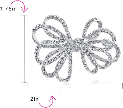 Winter Holiday Blue White Glittering Crystal Bridal Fashion Large Statement Ribbon Scarf Bow Brooch Pin for Women Rose Gold or Silver Plated