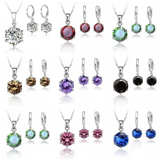 Woman 925 Sterling Silver 8MM Jewelry Sets Cubic Zircon Crystal Lever Back Earrings Pendant Wedding Necklace Nice Gifts 8MM Stone - WORLD TIME VISITS